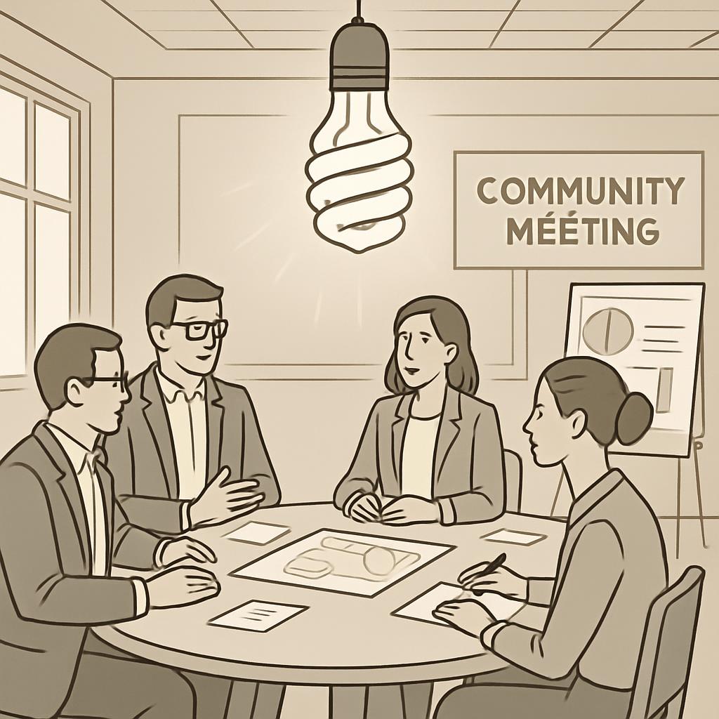 Une réunion communautaire, gens assis autour d'une table, lampadofluorescente.